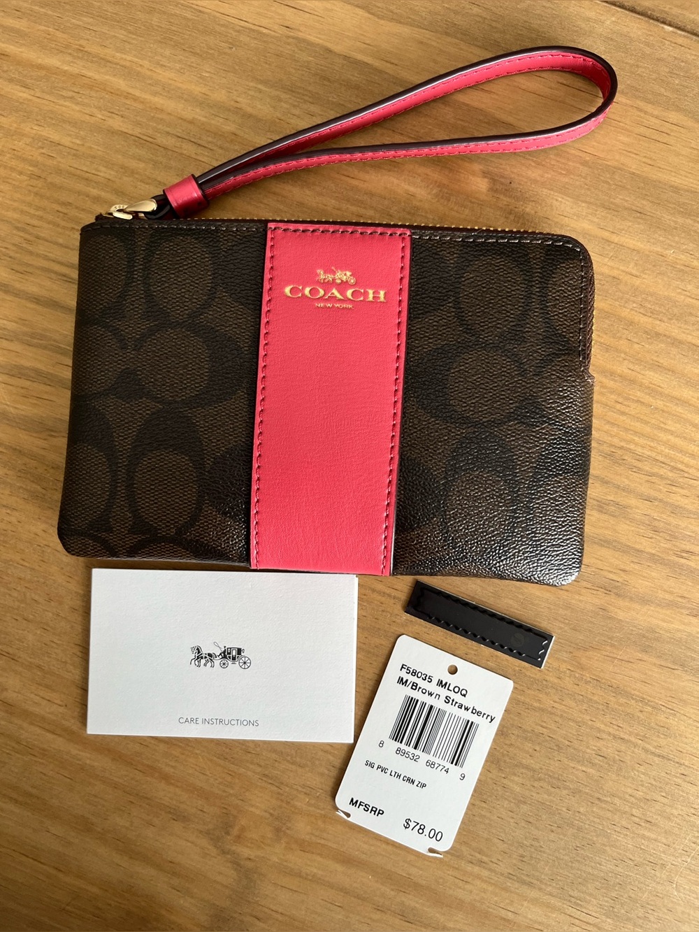 NWT COACH Corner Zip Wristlet F58035 Signature Canvas Leather Stripe Brown Pink - Picture 2 of 6